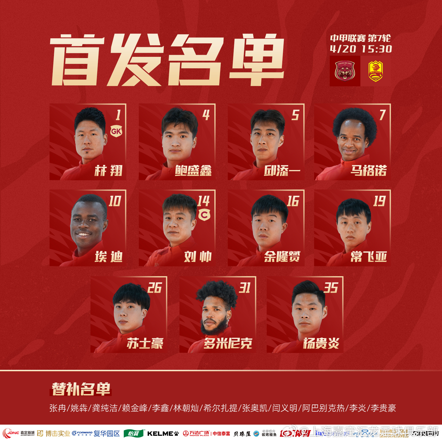 上海嘉定汇龙VS青岛红狮首发阵容揭晓！